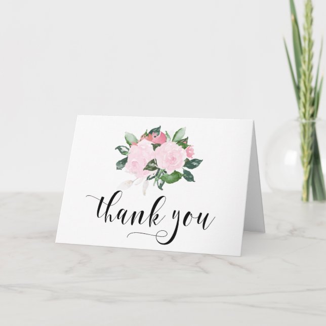 Sweet Pink Watercolor Roses Thank You Card (Front)