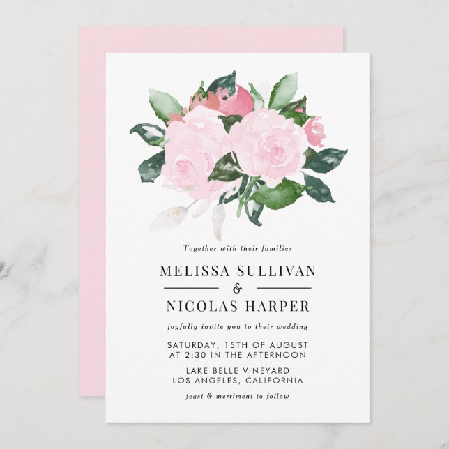 Sweet Pink Watercolor Roses Wedding Invitation (Front/Back)