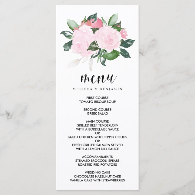 Sweet Pink Watercolor Roses Wedding Menu (Front)