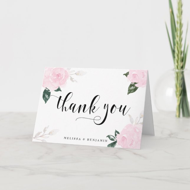 Sweet Pink Watercolor Roses Wedding Thank You Card (Front)