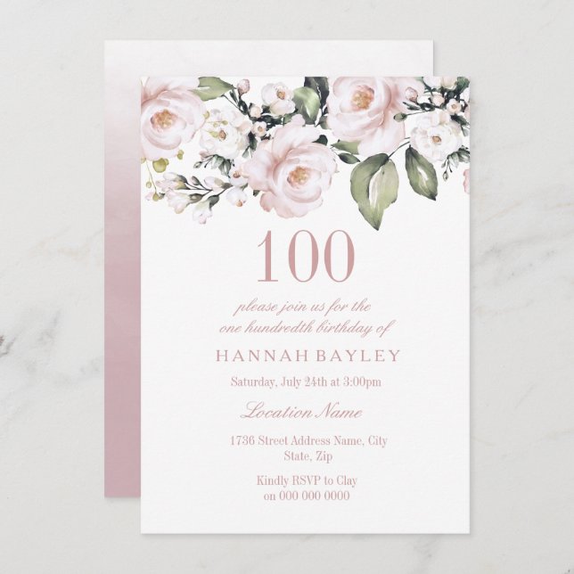 Sweet Pink White Roses Modern 100th Birthday Invitation (Front/Back)