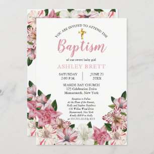 Sweet Pink   White Vintage Floral Baptism Invitation