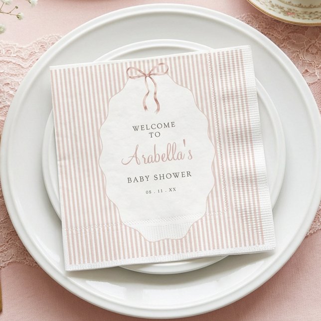 Sweet Pinstriped Beige Bow Baby Shower Napkin (Creator Uploaded)