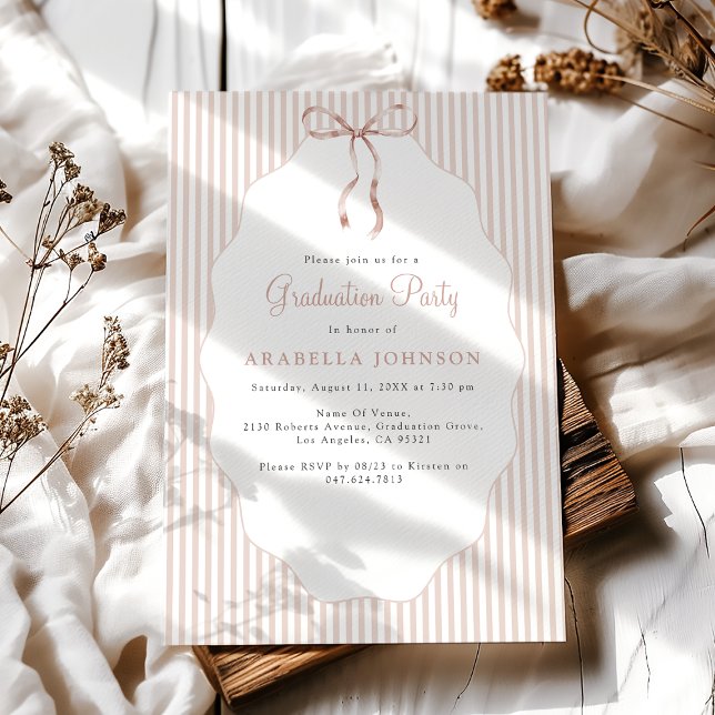 Sweet Pinstriped Beige Bow Graduation Invitation (Creator Uploaded)