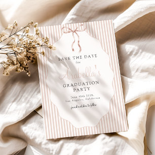 Sweet Pinstriped Beige Bow Graduation Save The Date