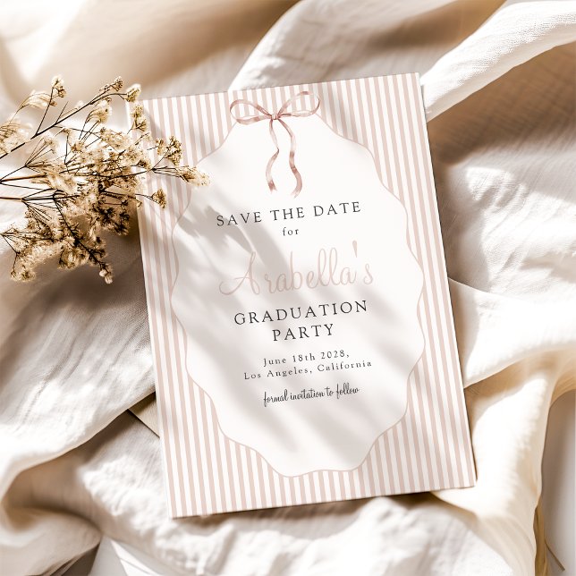 Sweet Pinstriped Beige Bow Graduation Save The Date (Creator Uploaded)