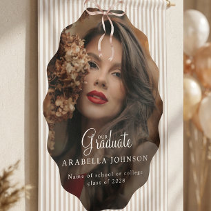 Sweet Pinstriped Beige Bow Photo Graduation Banner