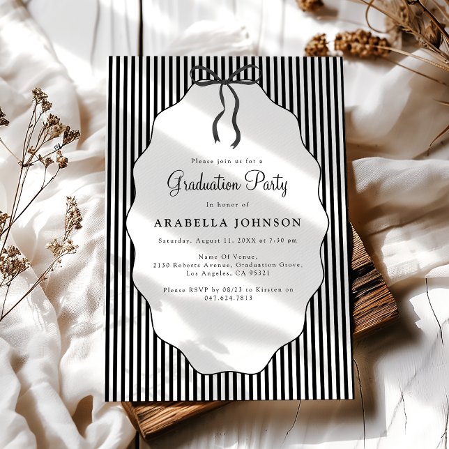 Sweet Pinstriped Black Bow Graduation Invitation (Creator Uploaded)