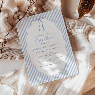Sweet Pinstriped Blue Bow Baby Shower Invitation