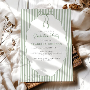 Sweet Pinstriped Green Bow Graduation Invitation
