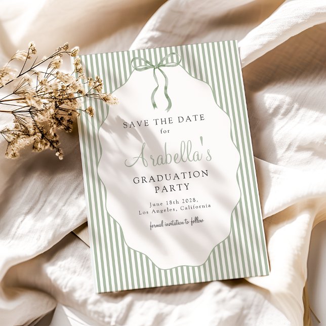 Sweet Pinstriped Green Bow Graduation Save The Date (Creator Uploaded)