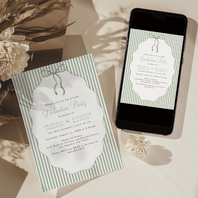 Sweet Pinstriped Green Bow Joint Graduation Invitation (Creator Uploaded)