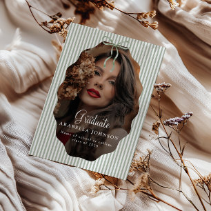 Sweet Pinstriped Green Bow Photo Graduation Announcement