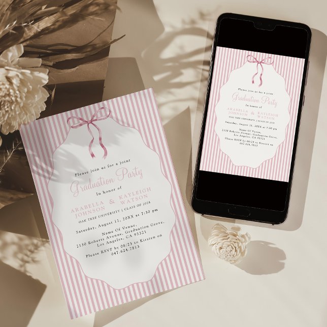 Sweet Pinstriped Pink Bow Joint Graduation Invitation (Creator Uploaded)