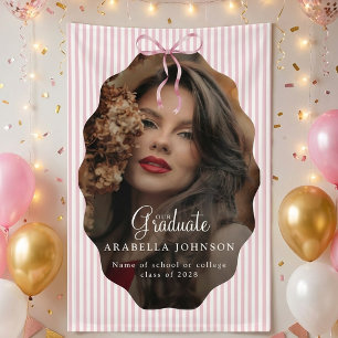 Sweet Pinstriped Pink Bow Photo Graduation Banner
