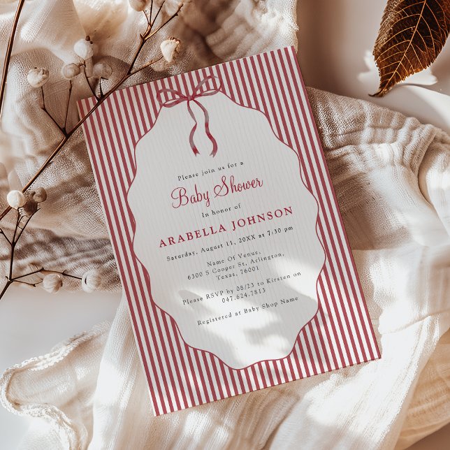 Sweet Pinstriped Red Bow Baby Shower Invitation (Creator Uploaded)