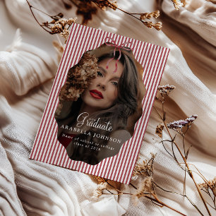 Sweet Pinstriped Red Bow Photo Graduation Announcement