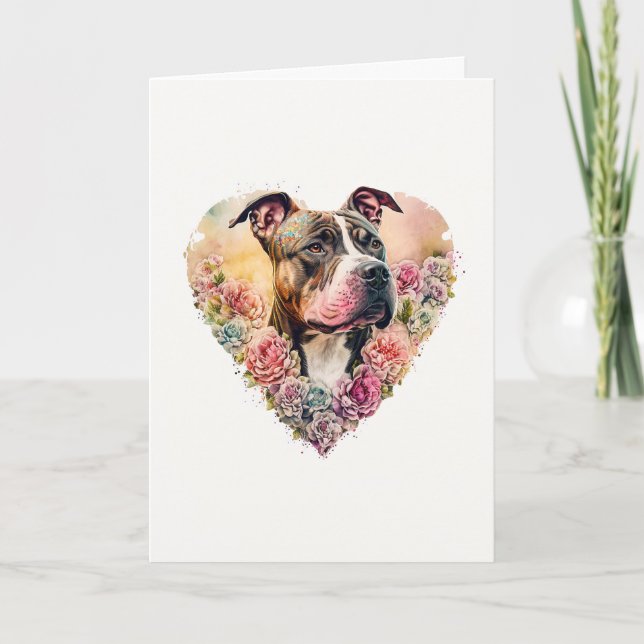 Sweet Pit Bull Dog in Heart Wreath Valentine's Day Holiday Card (Front)