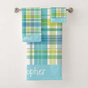 Sweet Plaid Pastel Blue Green Baby Blanket Bath Towel Set