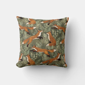Sweet Playful Foxes in Rust Brown on Olive Green Cushion