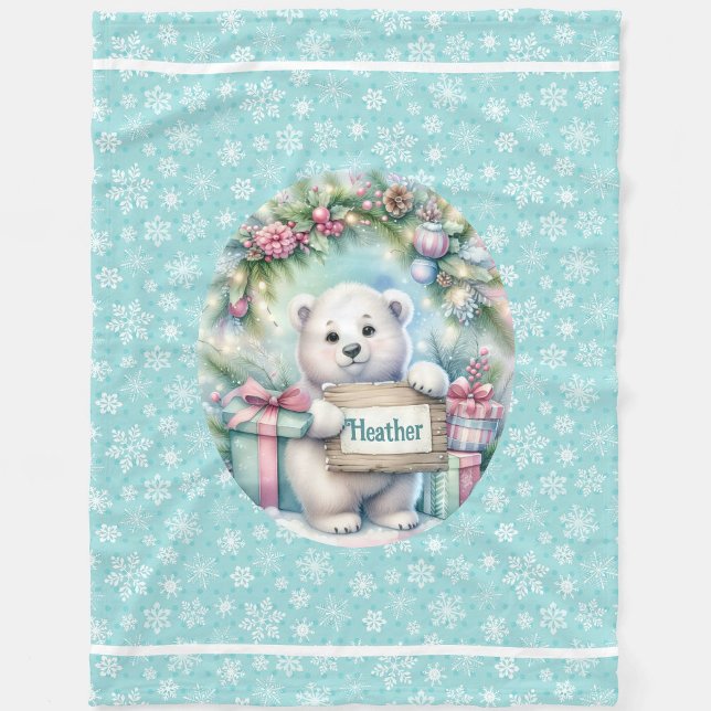 Sweet Polar Bear Personalise Name Christmas Baby Fleece Blanket (Creator Uploaded)