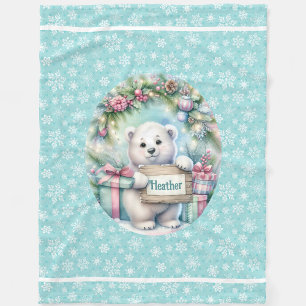 Sweet Polar Bear Personalize Name Christmas Baby Fleece Blanket