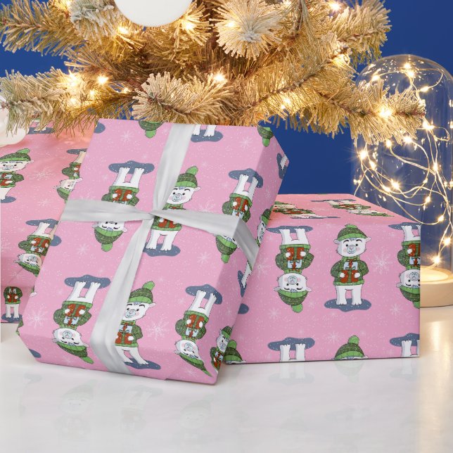 Sweet Polar Bear With Gifts Pink Wrapping Paper (Holidays)