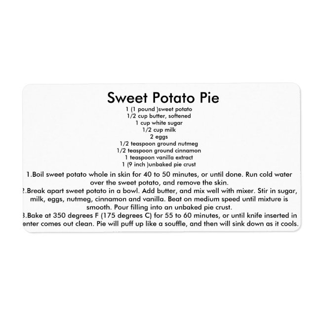 Sweet Potato Pie Recipe (Front)