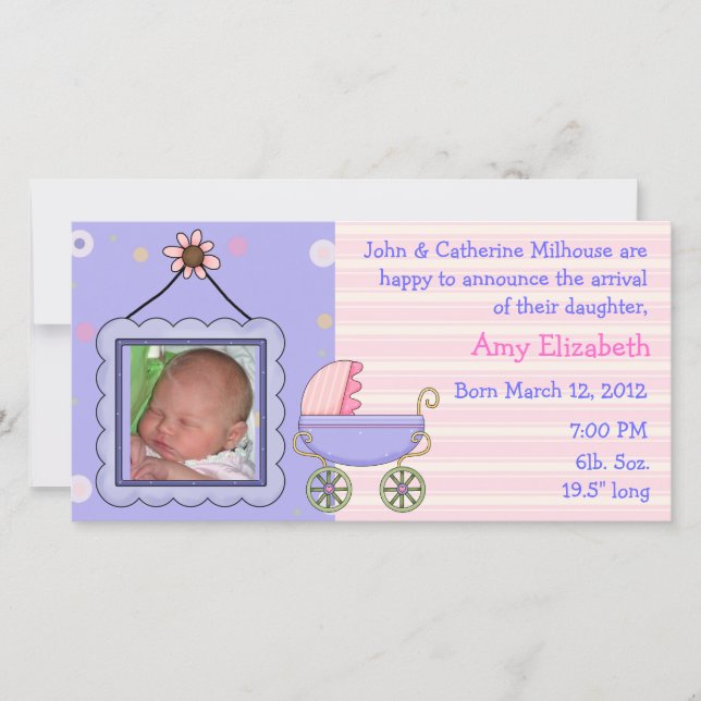 Sweet Pram Girl Birth Announcement Photo Card (Front)