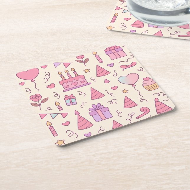 Sweet Princess Party Celebration Pattern Square Paper Coaster (Angled)