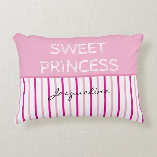 Sweet Princess Pink White Stripes Name Decorative Cushion (Front)
