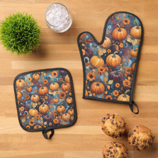 Sweet Pumpkins Fall Pattern Oven Mitt & Pot Holder Set