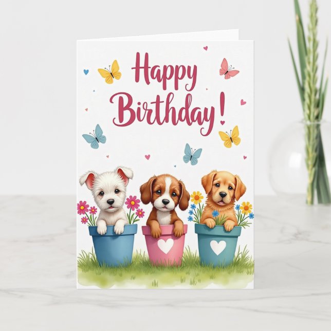Sweet Puppy Pot Birthday Card (Front)
