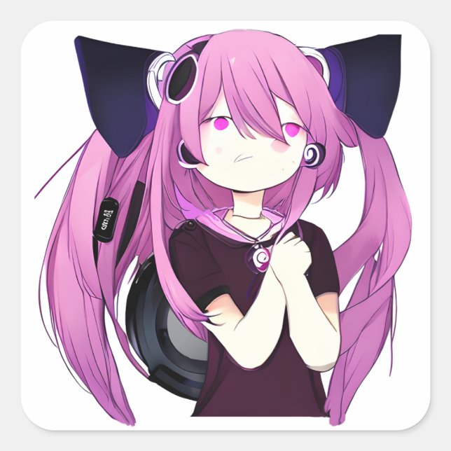 Sweet Purple and Black Anime Girl with Cat Ears Square Sticker (Front)