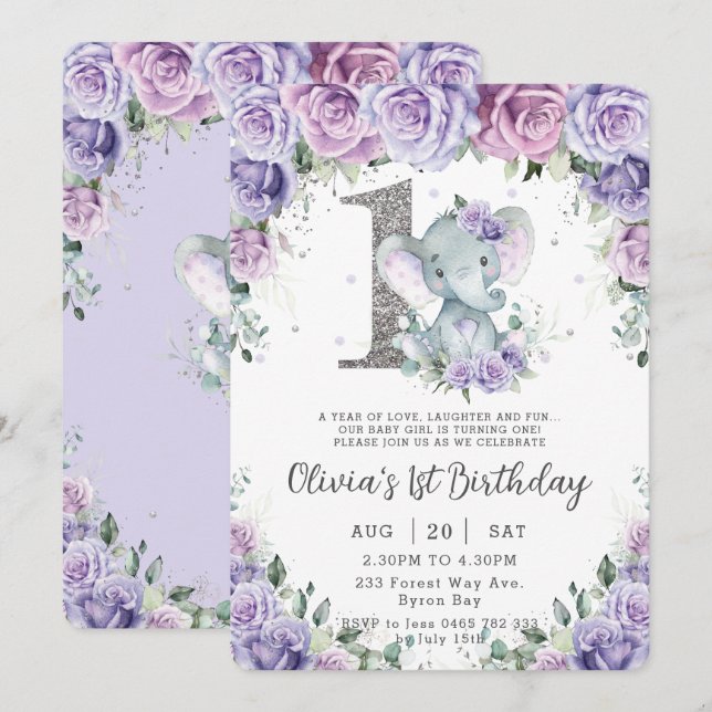 Sweet Purple Floral Adorable Elephant 1st Birthday Invitation (Front/Back)