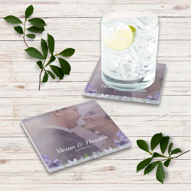 Sweet Purple Floral Wedding Glass Coaster (Creator Uploaded)