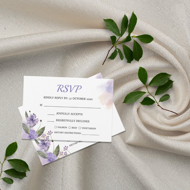 Sweet Purple Floral Wedding RSVP Card +Meal (Creator Uploaded)