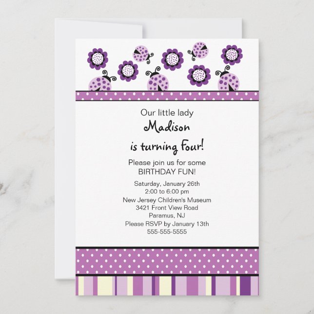 Sweet Purple Ladybugs Birthday Invitation (Front)