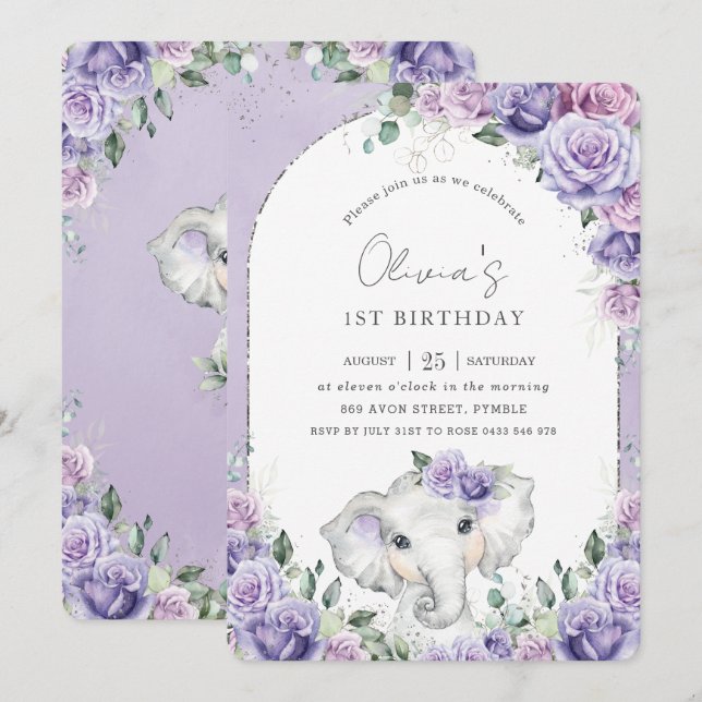 Sweet Purple Lilac Floral Elephant Birthday Party  Invitation (Front/Back)