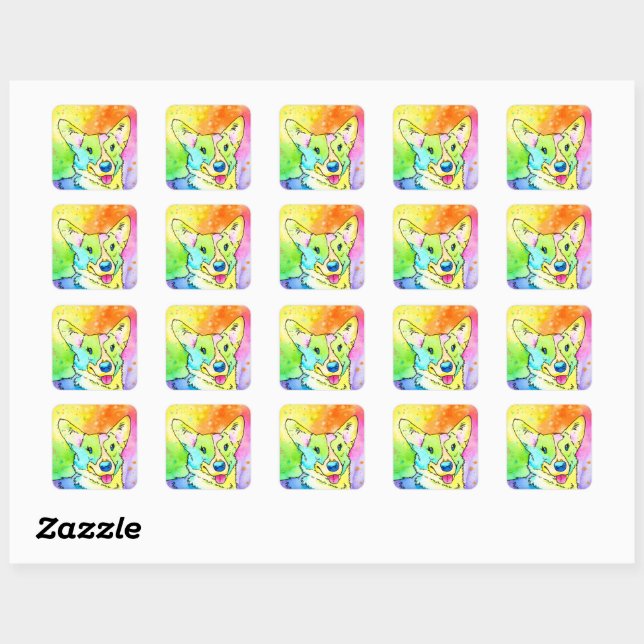 Sweet Rainbow Watercolor Corgi Square Sticker (Sheet)