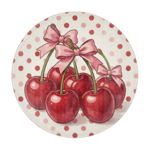Sweet Red Cherries Pink Bows Retro Polka Dot Cutting Board