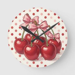 Sweet Red Cherries Pink Bows Retro Polka Dot  Round Clock