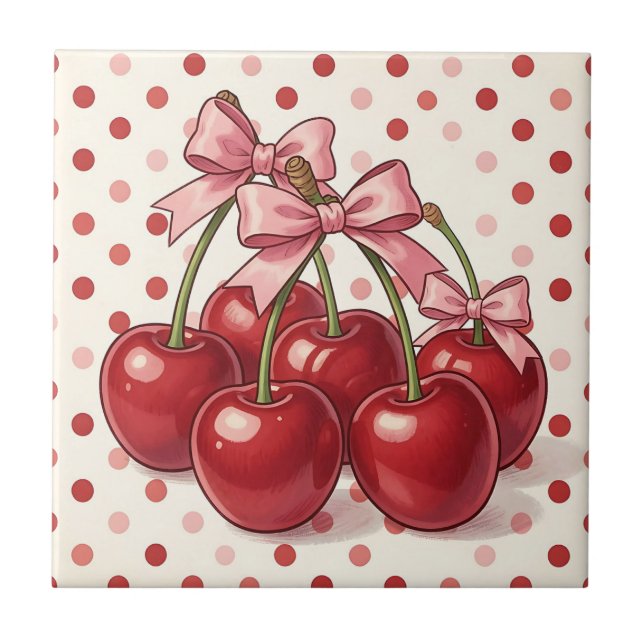 Sweet Red Cherries Pink Bows Retro Polka Dot  Tile (Front)