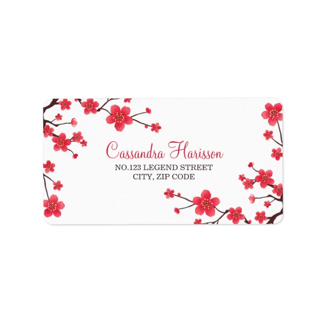 Sweet Red Cherry Blossom Sakura Floral Address Label (Front)