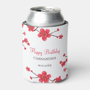Sweet Red Cherry Blossom Sakura Floral Birthday Can Cooler