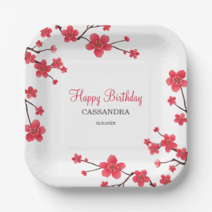 Sweet Red Cherry Blossom Sakura Floral Birthday Paper Plate