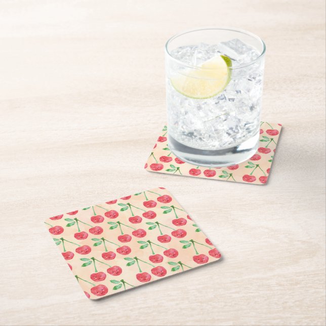 Sweet Red Cherry Delicate Pattern Paper Coaster (Insitu)