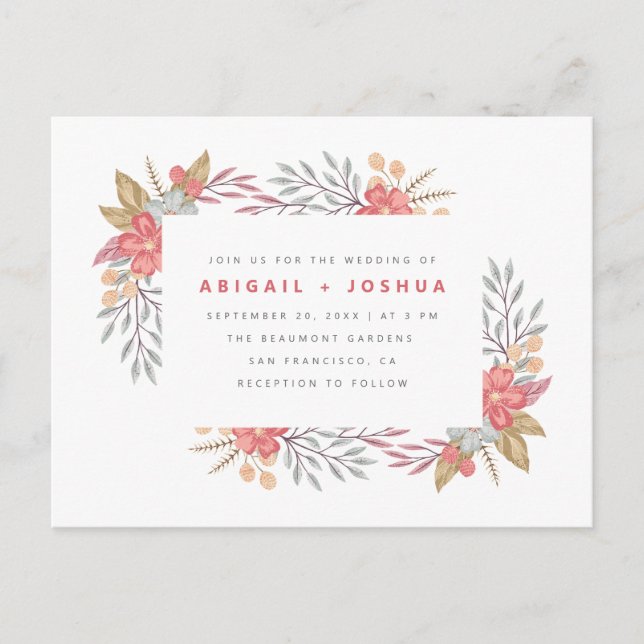 Sweet Red Flowers & Foliage Frame Wedding Invitation Postcard (Front)