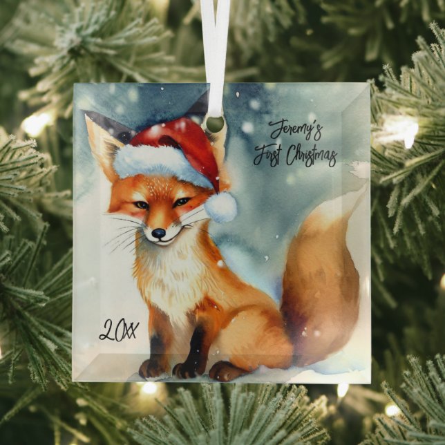 Sweet Red Fox in Snow First Christmas Glass Tree Decoration (Insitu)