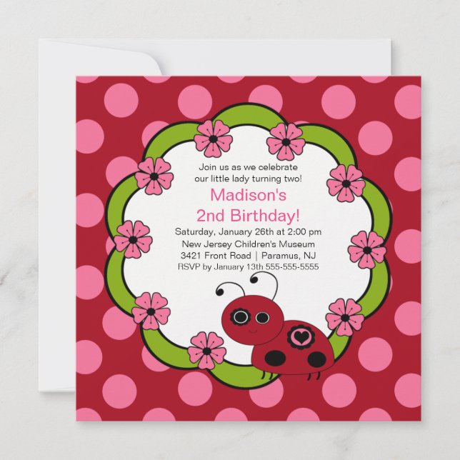 Sweet Red & Pink Ladybugs Birthday Invitation (Front)